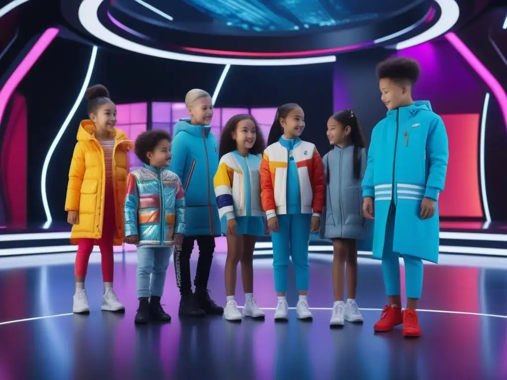 Moda infantil inclusiva y futurista en un parque digital vibrante Un grupo diverso de niños juega en un parque digital futurista con moda infantil en la era digital