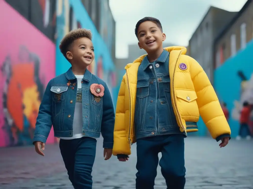 Niños felices y diversos en un parque urbano inclusivo Un grupo diverso de niños juega en un parque urbano, luciendo moda inclusiva y celebrando la diversidad