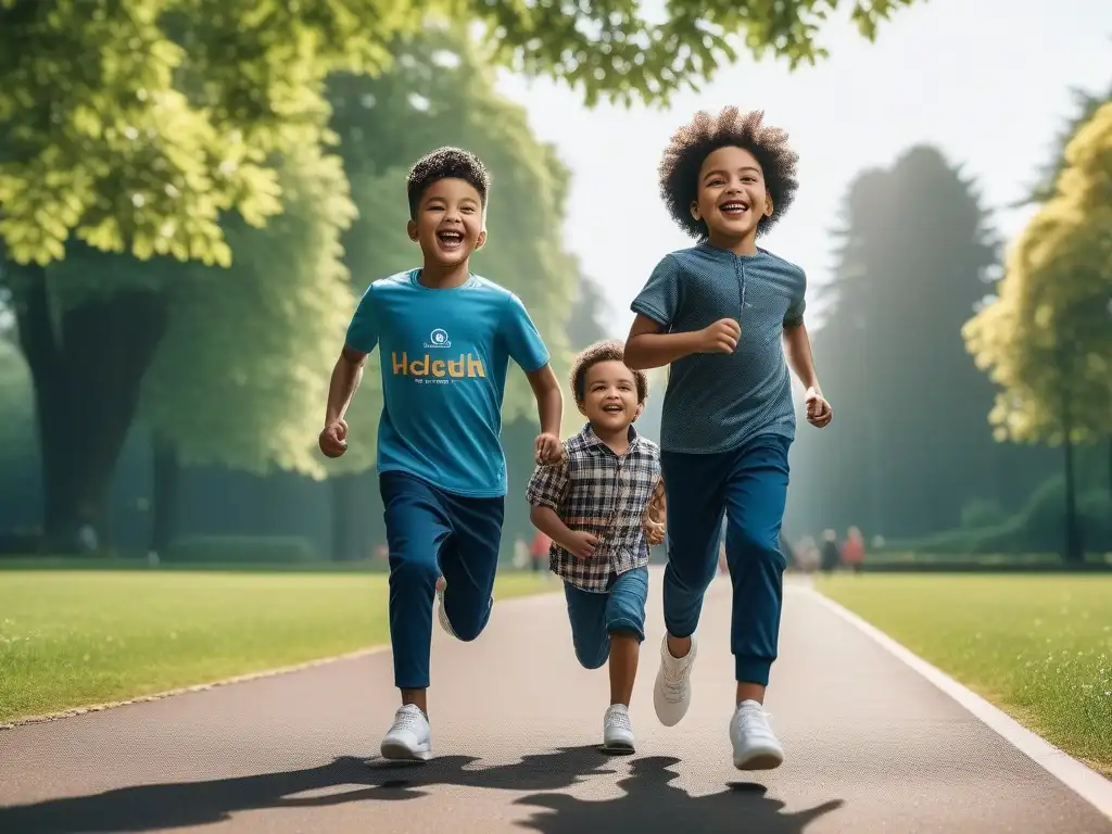 Niños felices jugando en parque: moda unisex inclusiva Un grupo diverso de niños juega alegremente en un parque luciendo ropa infantil unisex inclusiva