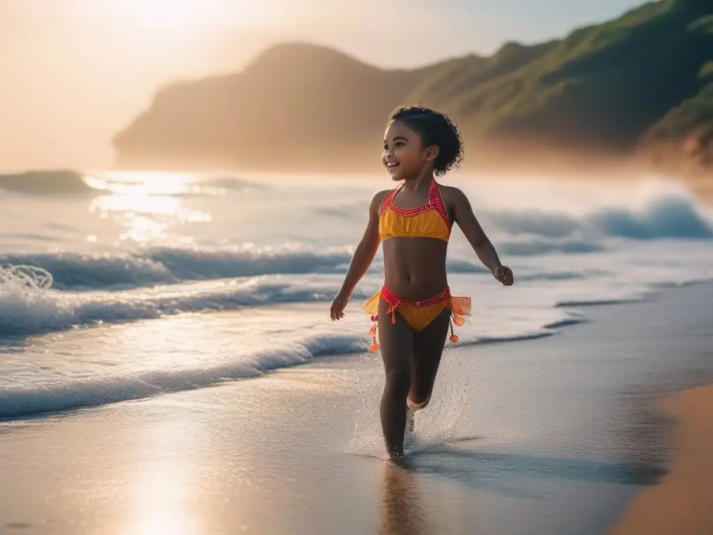Niños diversos disfrutan juntos en la playa con moda inclusiva 2023 Un grupo diverso de niños juega alegremente en la playa al atardecer, vistiendo marcas inclusivas de ropa de baño para niños en 2023