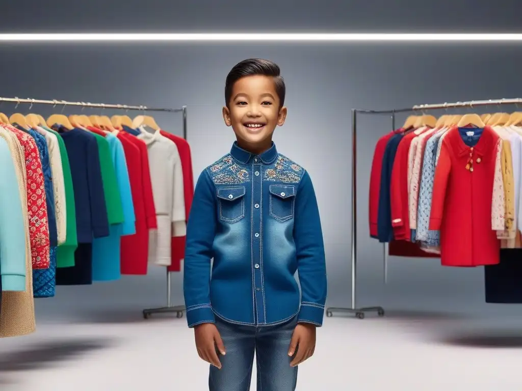 Niños felices probando moda internacional en boutique moderna Un grupo diverso de niños sonrientes prueban tallas internacionales de ropa infantil en una boutique moderna