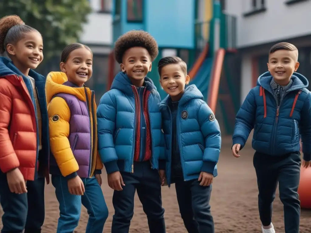 Moda inclusiva: Niños felices en un parque de juegos vibrante Un grupo diverso de niños sonrientes, con diferentes habilidades, viste moda adaptativa y juega juntos en un parque vibrante