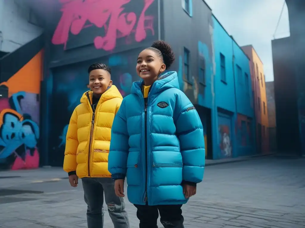 Niños felices lucen moda colaborativa en ambiente urbano vibrante Un grupo diverso de niños sonrientes viste moda infantil colaboraciones beneficios impacto en vibrante entorno urbano