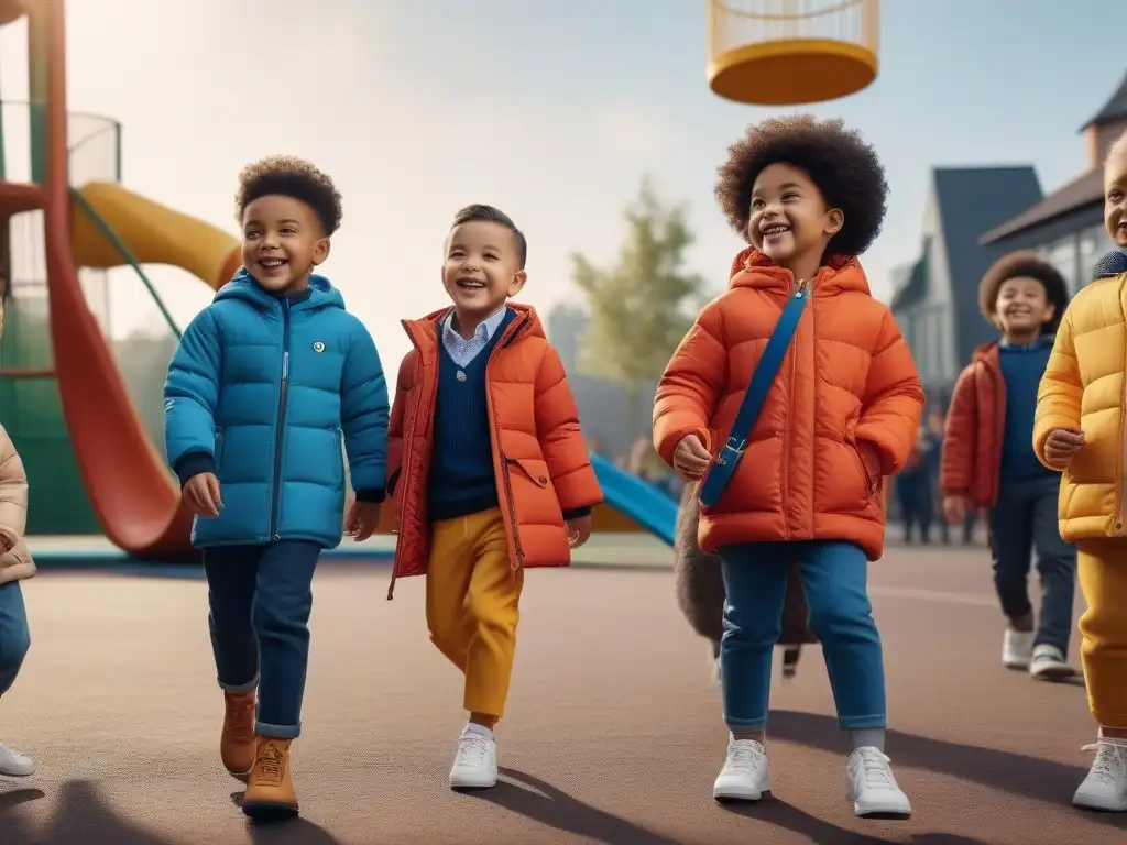 Niños felices y diversos jugando juntos en un parque inclusivo Un grupo diverso de niños sonrientes de diferentes etnias y capacidades juegan felices juntos en un parque vibrante, vistiendo moda infantil inclusiva