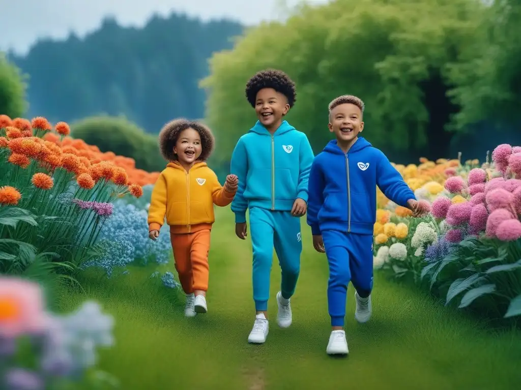 Niños felices con moda sostenible en parque verde Un grupo diverso de niños sonrientes en un parque verde, luciendo marcas de moda sostenible para niños, creando un futuro brillante