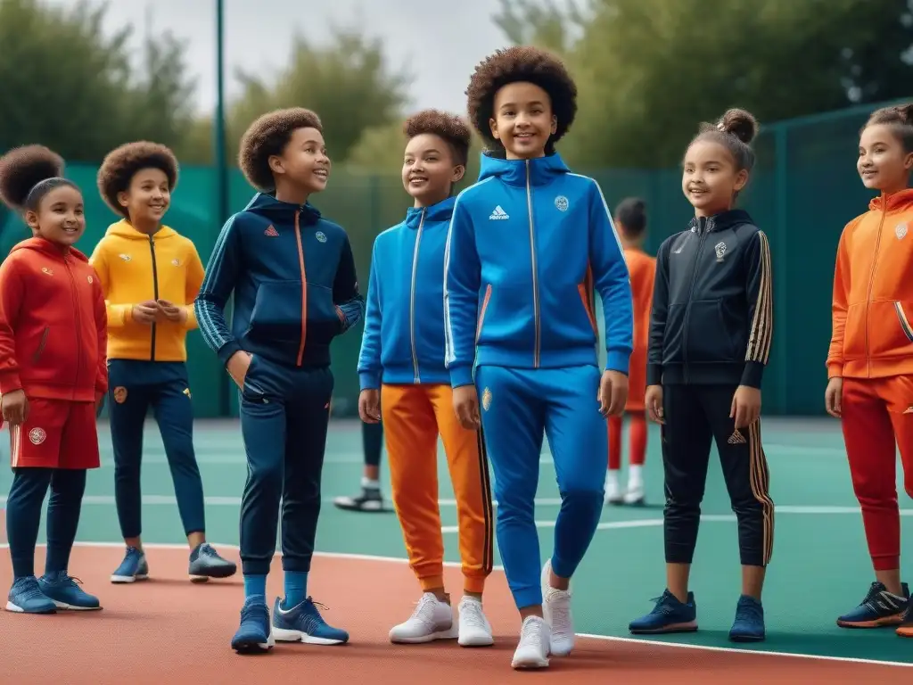 Niños felices y diversos en un parque inclusivo Un grupo diverso de niños de todas las tallas juega alegremente en un parque futurista, vistiendo moderna ropa deportiva para niños