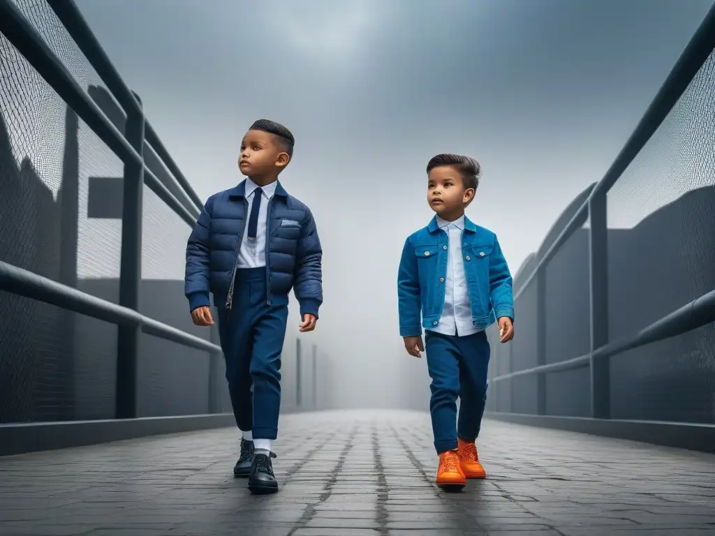 Moda infantil: Estilo y creatividad en colores vibrantes Un grupo diverso de niños en tendencias moda infantil actualizadas rápido, luciendo outfits coloridos y estilosos en un entorno urbano minimalista