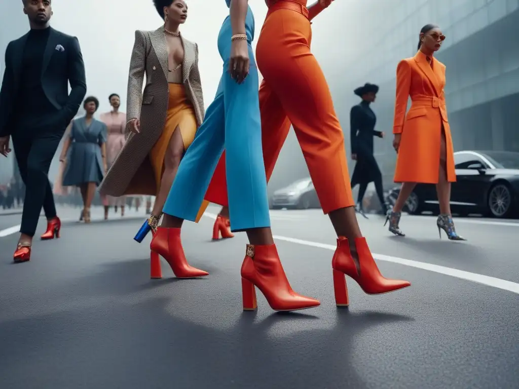 Moda sin género: Paseo urbano con tacones únicos Un grupo diverso desafiando normas de género con atrevido calzado en la ciudad
