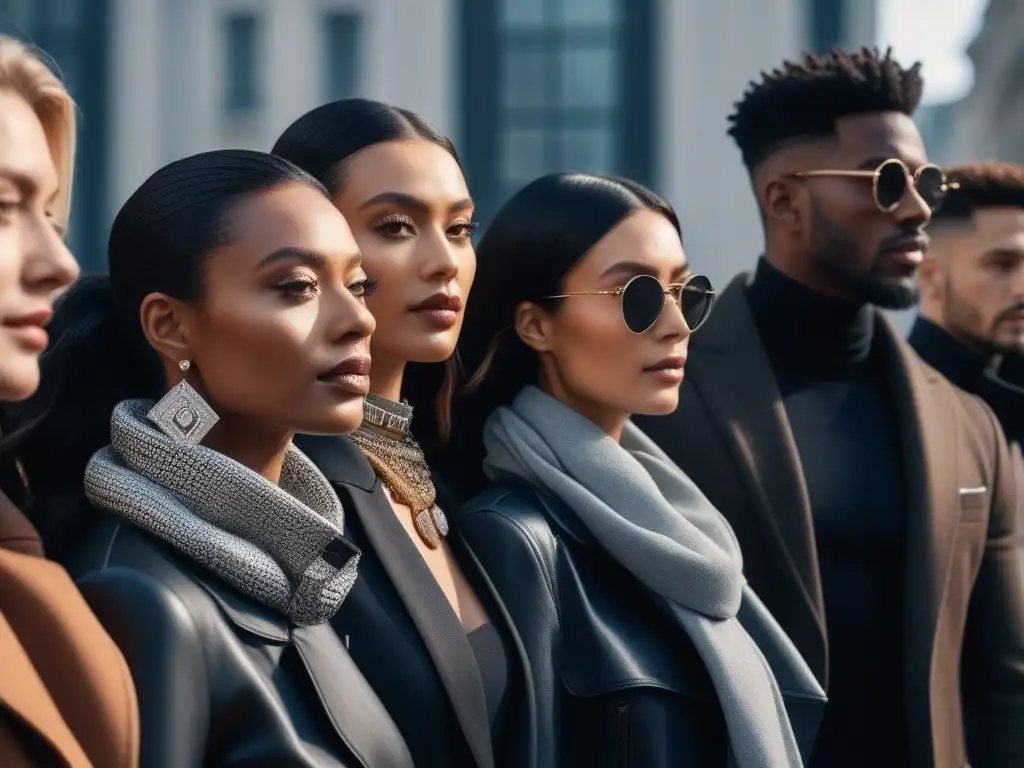 Diseño ético y vanguardista: moda inclusiva y sostenible Un grupo diverso luce con orgullo wearables moda sostenible inclusiva en un entorno urbano, fusionando estilo, sostenibilidad e innovación
