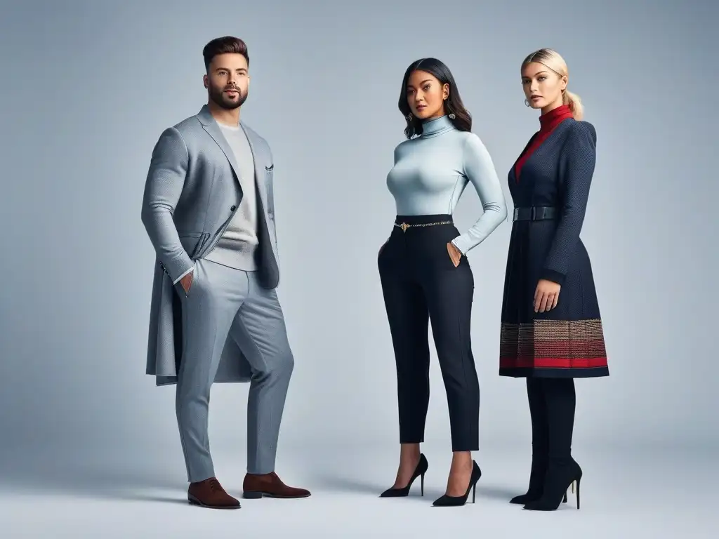 Estilo inclusivo: diversidad y empoderamiento en moda Un grupo diverso en outfits elegantes y minimalistas, reflejando inclusividad en moda