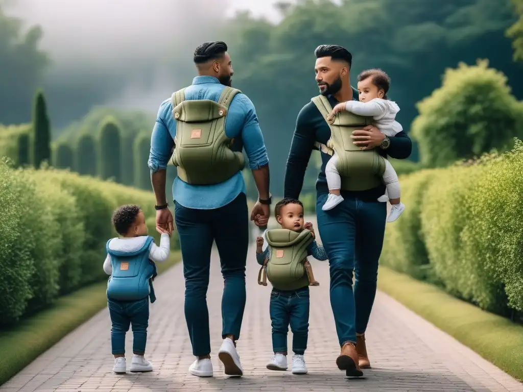 Padres modernos: diversidad y estilo en el parque Un grupo diverso de padres pasea con estilo en un parque urbano, mostrando moda para paternidad inclusiva y diversa
