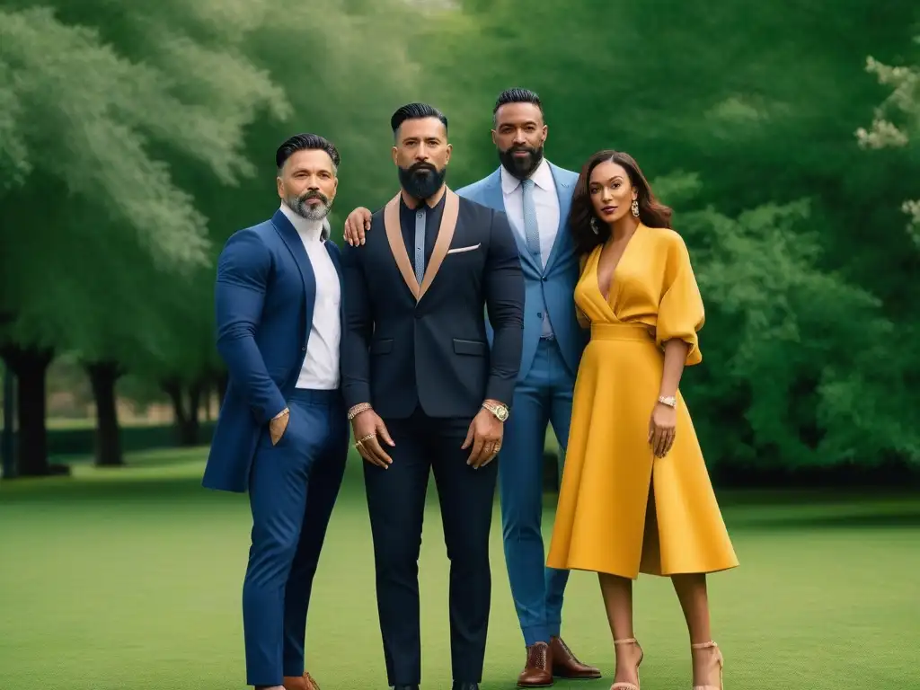 Padres modernos unidos en diversidad de estilos Un grupo diverso de padres posando con estilo y unidad en moda para paternidad inclusiva y diversa en un parque