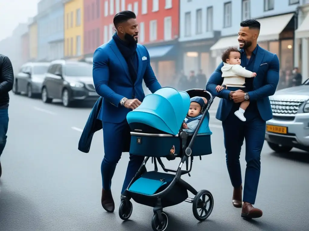 Padres modernos: estilo y diversidad en la crianza urbana Un grupo diverso de padres modernos y con estilo empujando cochecitos, con moda para paternidad inclusiva y diversa
