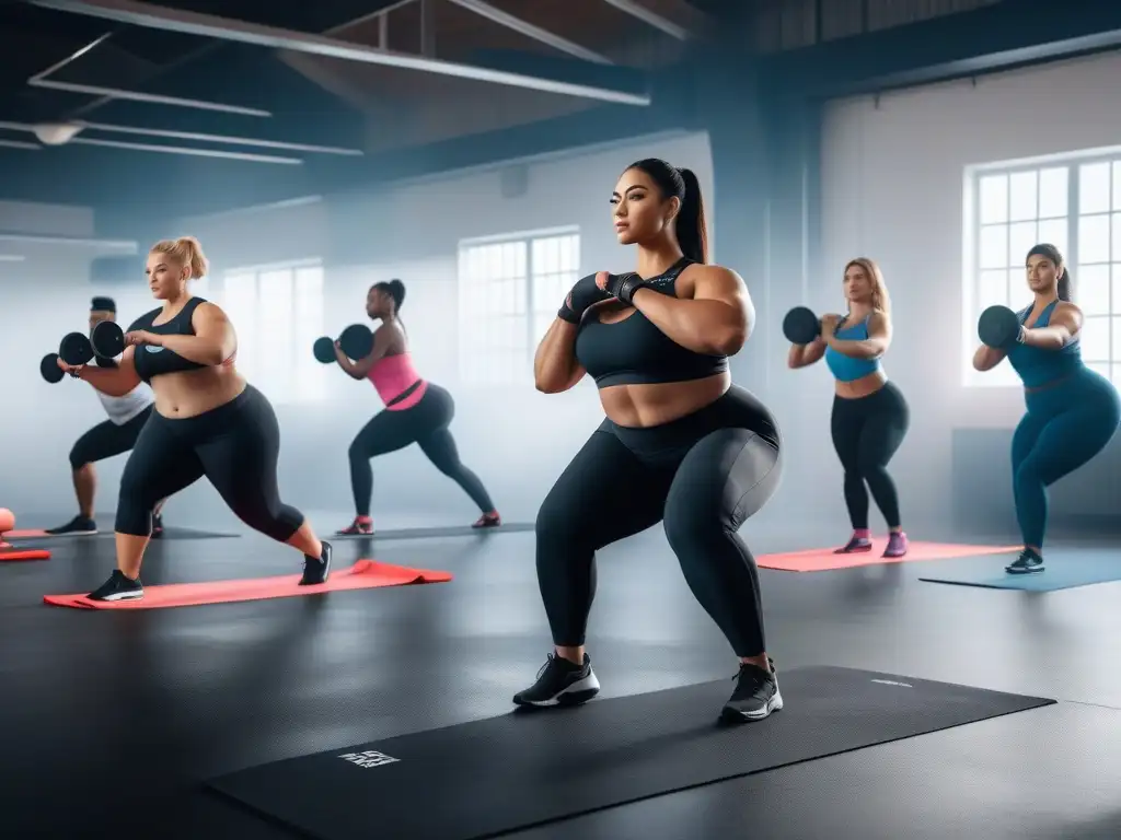 Inclusividad y empoderamiento: diversidad en el gym Un grupo diverso de personas plus size realiza actividades de entrenamiento en un gimnasio moderno y luminoso