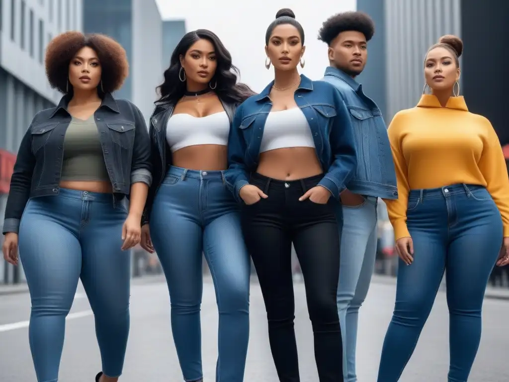 Jeans perfectos para todos: diversidad y estilo en la ciudad Un grupo diverso de personas posa confiadamente en jeans perfectamente ajustados, mostrando la versatilidad de la moda denim para todos los cuerpos