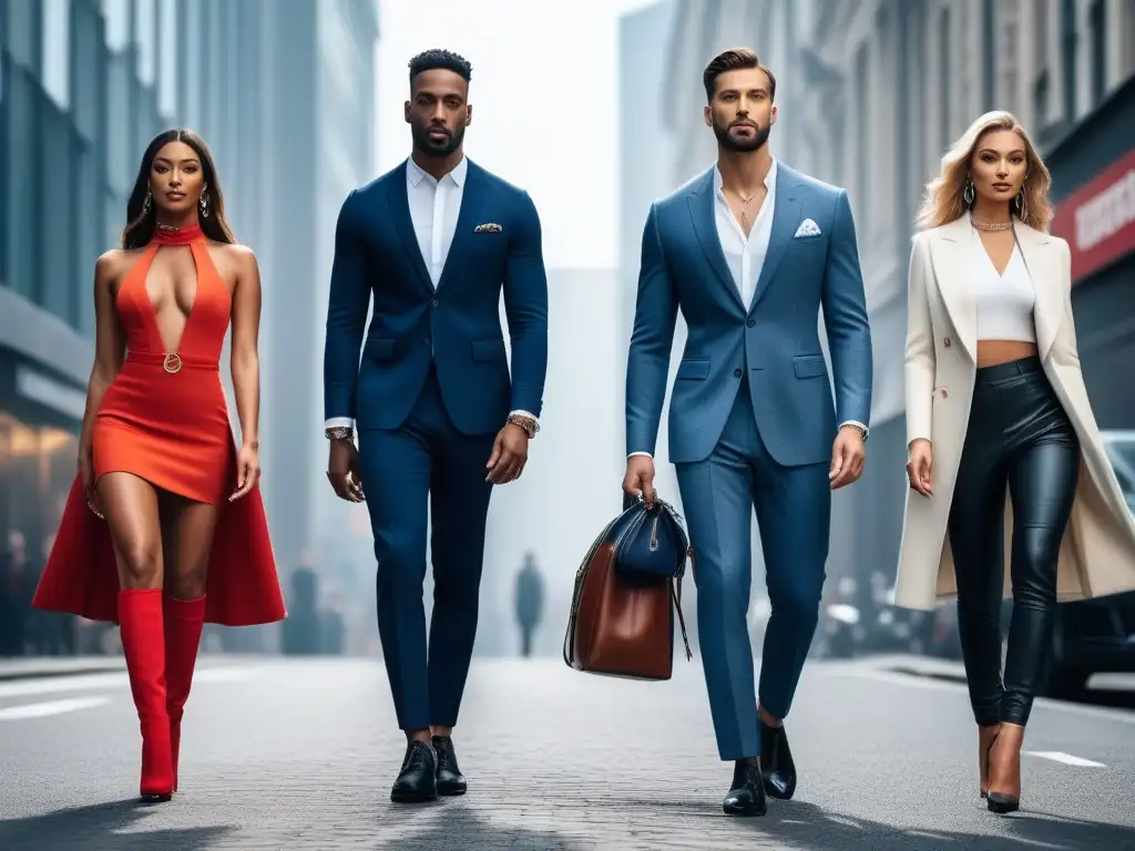 Moda para altos: Elegancia y éxito en la ciudad Un grupo diverso de personas altas desfilando con confianza por la ciudad, luciendo tendencias de marcas moda inclusiva para altas