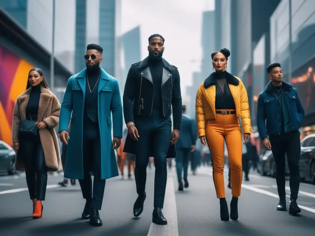 Moda para altos: Grupo diverso desfilando con estilo en la ciudad Un grupo diverso de personas altas, seguras y a la moda caminan por la ciudad