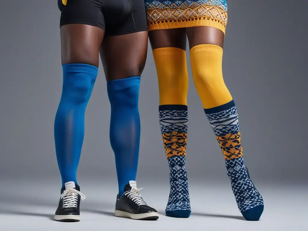 Calcetines largos para piernas altas: moda inclusiva y empoderamiento Un grupo diverso de personas altas mostrando con confianza calcetines para altos, resaltando inclusividad y empoderamiento