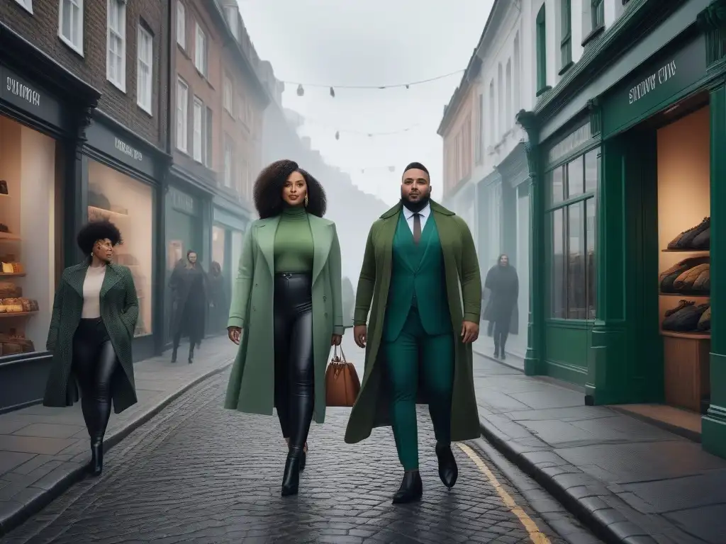 Moda sostenible para todos: Empoderamiento en la ciudad Un grupo diverso de personas altas sonrientes viste ropa sostenible en una calle moderna y verde, reflejando inclusividad y estilo