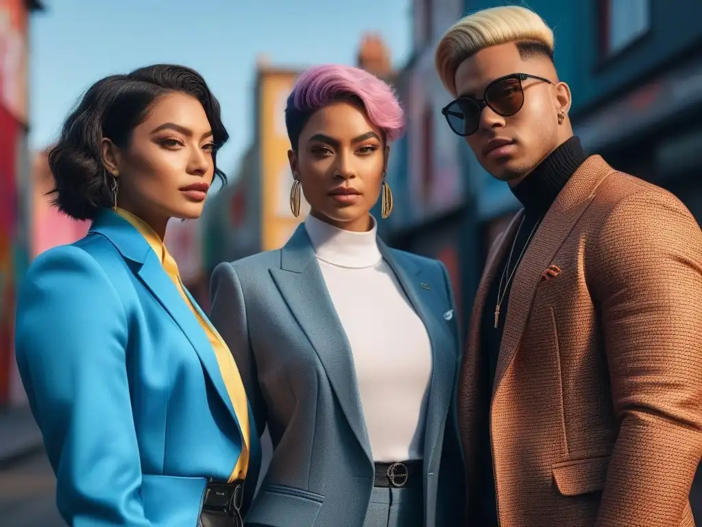 Moda inclusiva: personas no binarias empoderadas en la ciudad Un grupo diverso de personas no binarias posando con estilo en un entorno urbano colorido