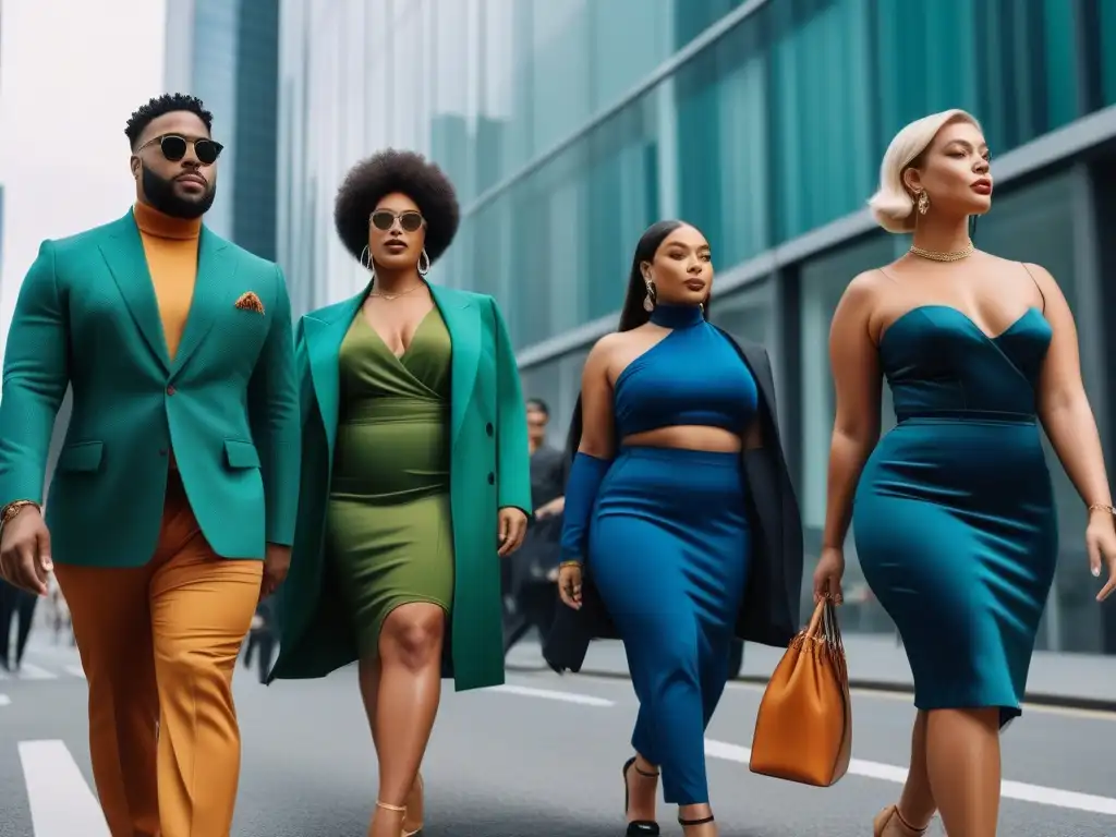 Desfile de moda sostenible y diversidad en la ciudad Un grupo diverso de personas confiadas caminan por la ciudad con moda sostenible y diversidad corporal