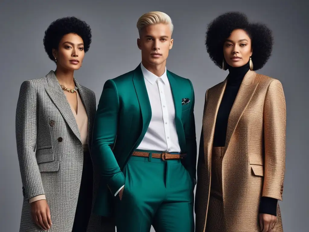 Moda inclusiva: diversidad y estilo atemporal en estudio Un grupo diverso de personas exhibe con confianza prendas inclusivas atemporales en un estudio moderno y minimalista