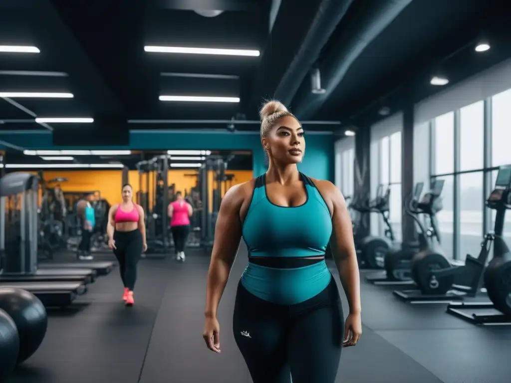 Empoderamiento y diversidad: Plussize en acción en un gimnasio moderno Un grupo diverso de personas plus size entrenando con confianza en un gimnasio luminoso y moderno