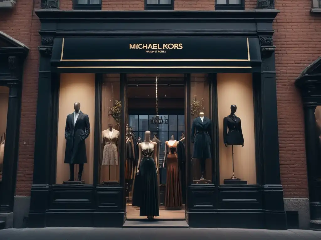 Un grupo diverso de personas modela con confianza la moda de lujo de Michael Kors frente a una elegante tienda, en una bulliciosa calle de la ciudad
