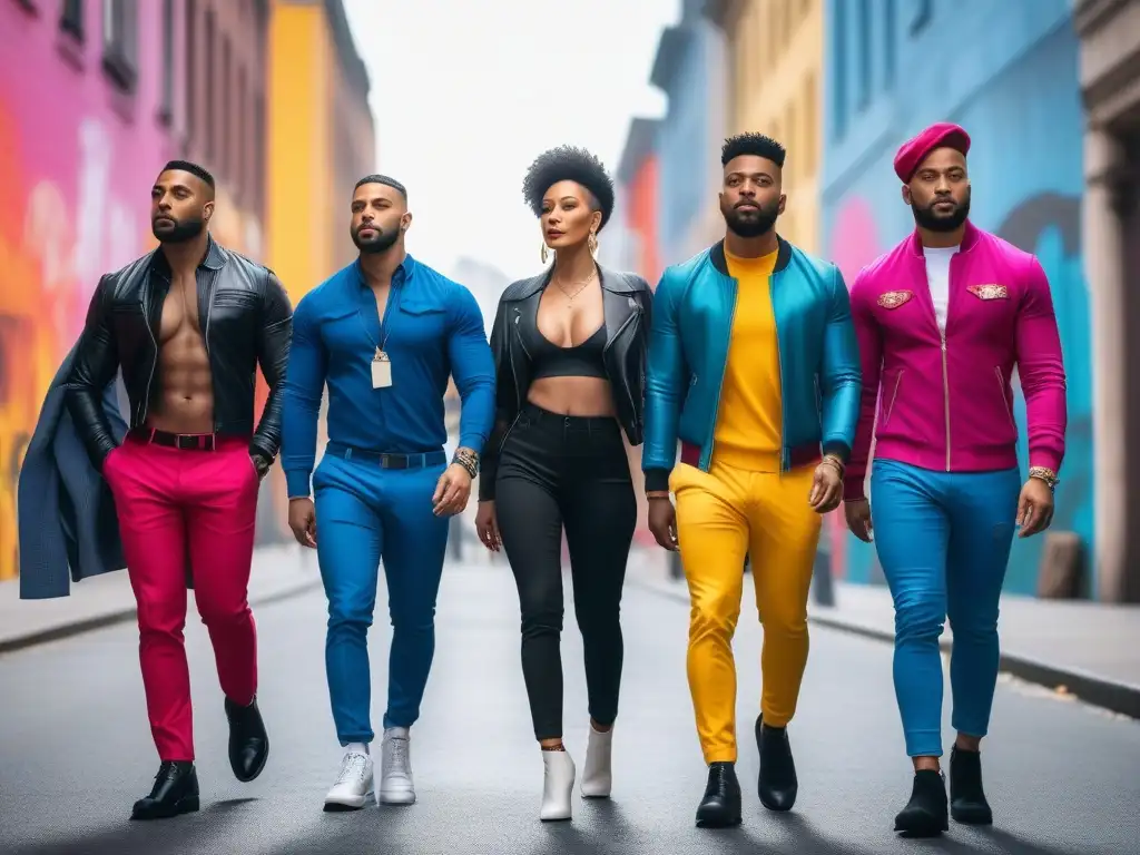 Desfile LGBTQ+ con estilo urbano vibrante Un grupo diverso de personas LGBTQ+ camina con confianza por la ciudad, luciendo moda inclusiva y colorida