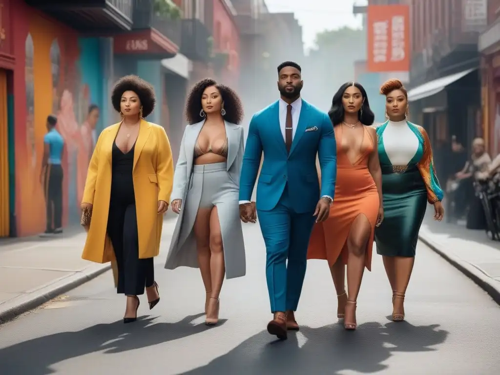 Desfile de moda inclusiva en la ciudad: diversidad y estilo Un grupo diverso de personas camina con confianza por la calle de la ciudad, vistiendo moda inclusiva para todos los cuerpos