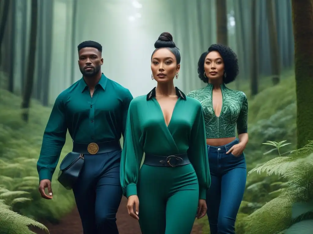Sustainable fashion: diversidad y estilo en la naturaleza Un grupo diverso de personas posa con confianza en ropa sostenible, rodeados de un bosque verde