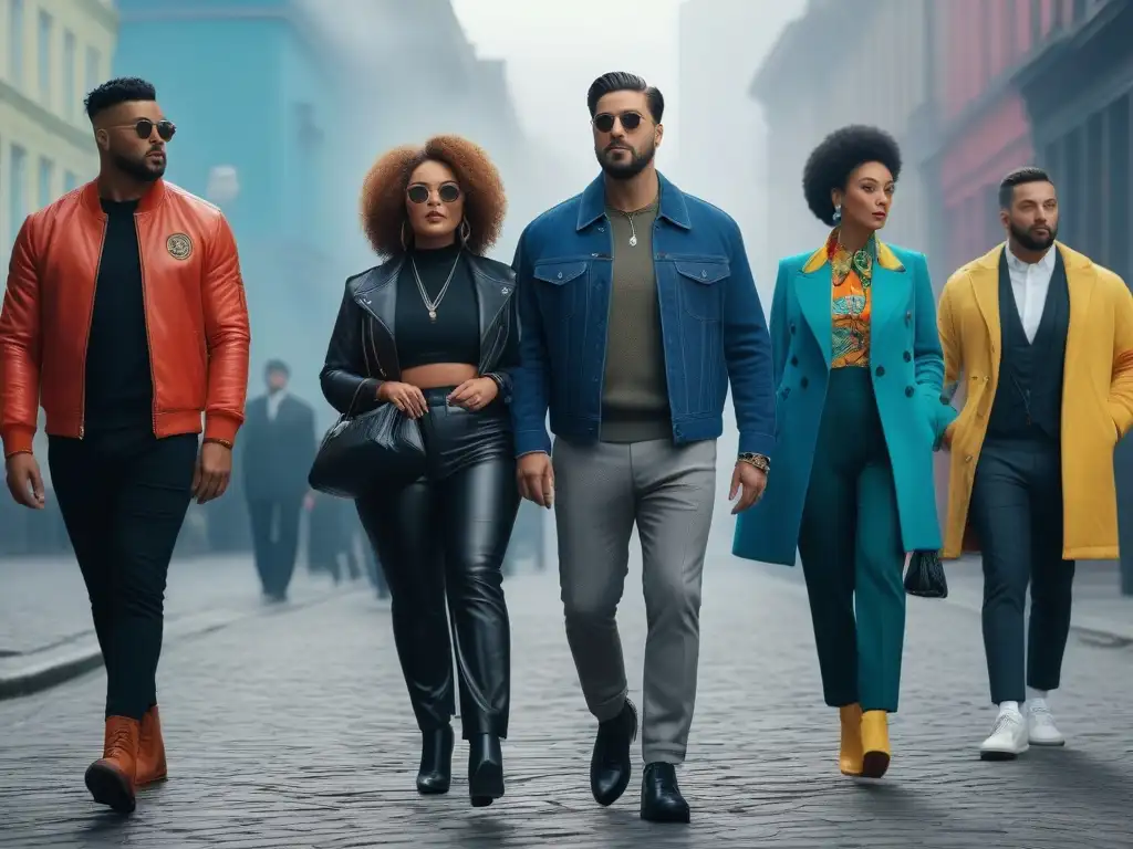 Estilo urbano diverso: moda y personalidad en la ciudad Un grupo diverso de personas camina con confianza por la calle en una escena urbana, mostrando moda inclusiva para diferentes cuerpos