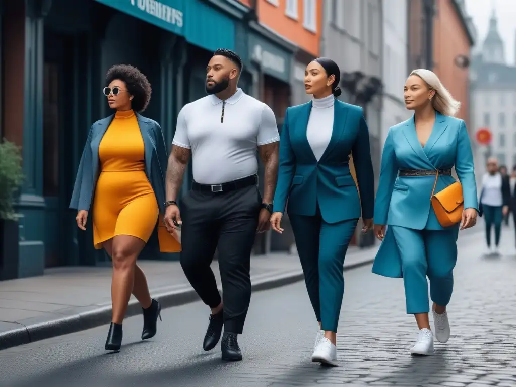Moda inclusiva: diversidad en la ciudad con ropa adaptativa innovadora Un grupo diverso de personas camina con confianza por la ciudad luciendo ropa adaptativa para todos cuerpos, en un ambiente urbano moderno y vibrante