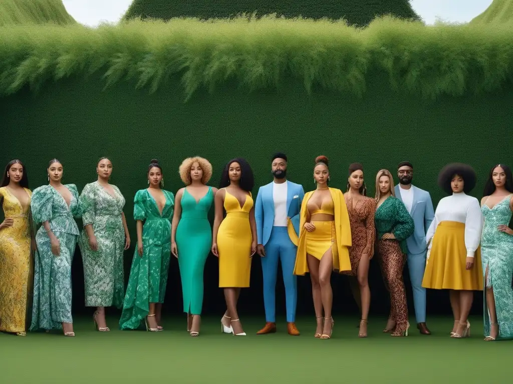 Diversidad y estilo sostenible: moda para todos Un grupo diverso de personas modela con confianza ropa sostenible y elegante en un entorno verde y moderno