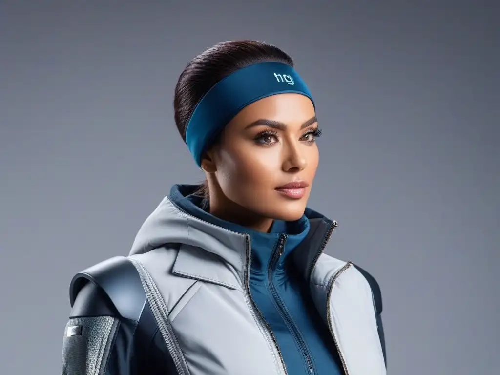Premium wearables: Elegancia y diversidad en un escenario futurista Un grupo diverso de personas usando con confianza wearables premium para tallas especiales en un entorno futurista y elegante