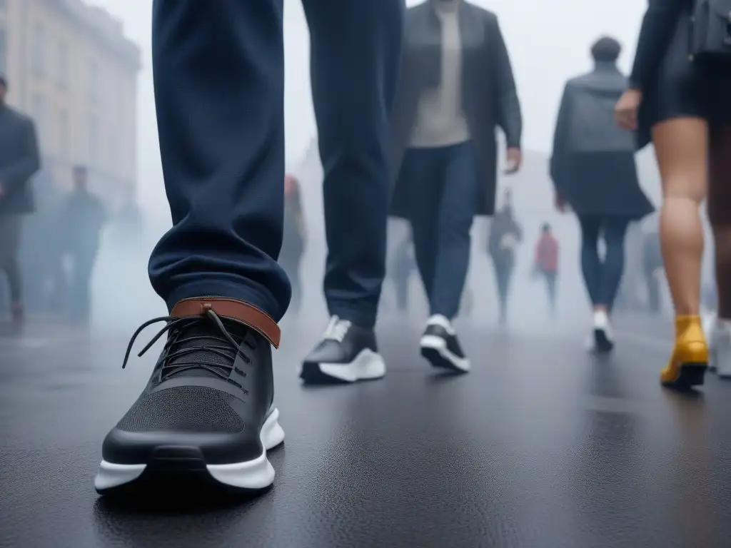 Zapatos adaptativos: moda inclusiva en la ciudad Un grupo diverso de personas sonríe y camina con confianza por la ciudad luciendo zapatos adaptativos para todos cuerpos