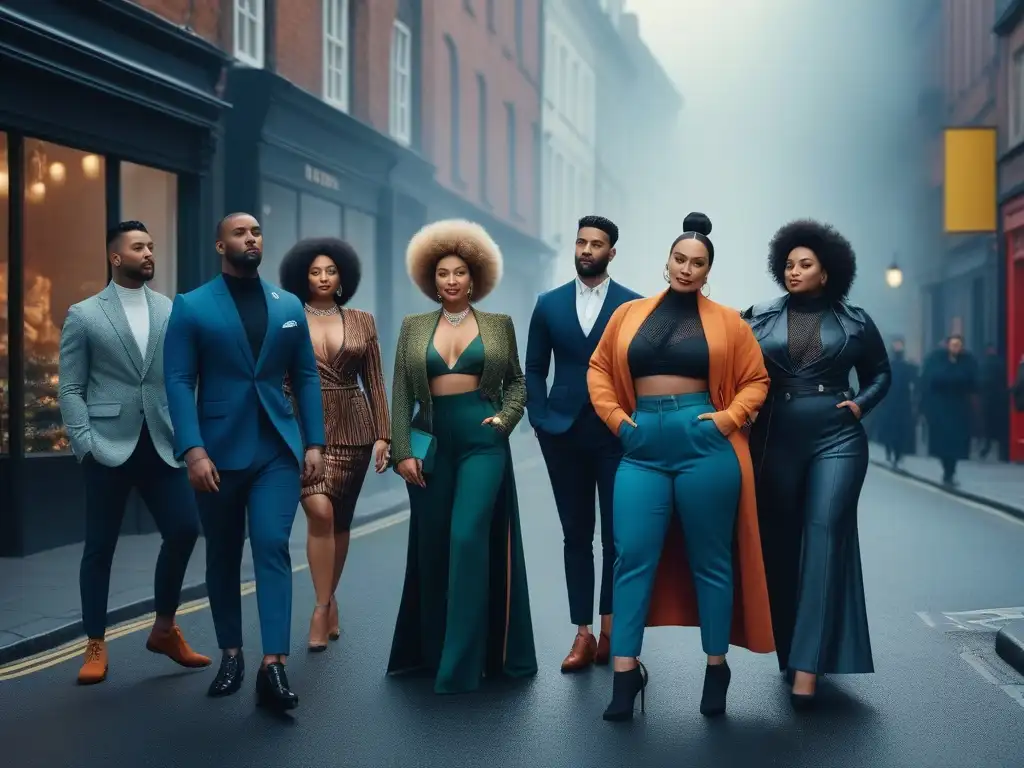 Moda inclusiva: diversidad de tallas en la ciudad Un grupo diverso de personas posa con confianza en la calle luciendo moda inclusiva en tallas sostenibles, irradiando alegría y autoestima