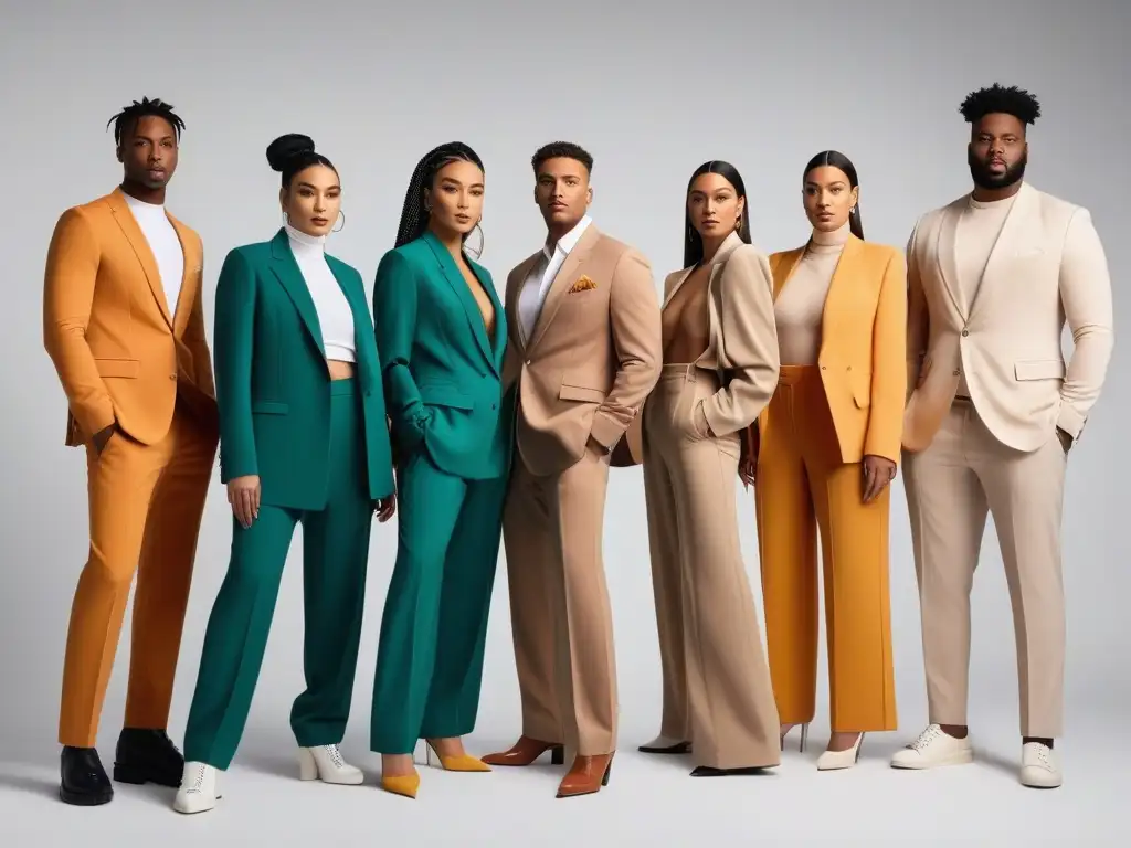 Moda sin género: diversidad de estilos y cuerpos en armonía Un grupo diverso de personas con diferentes cuerpos, tonos de piel y géneros posan con confianza en prendas genderless para todos cuerpos