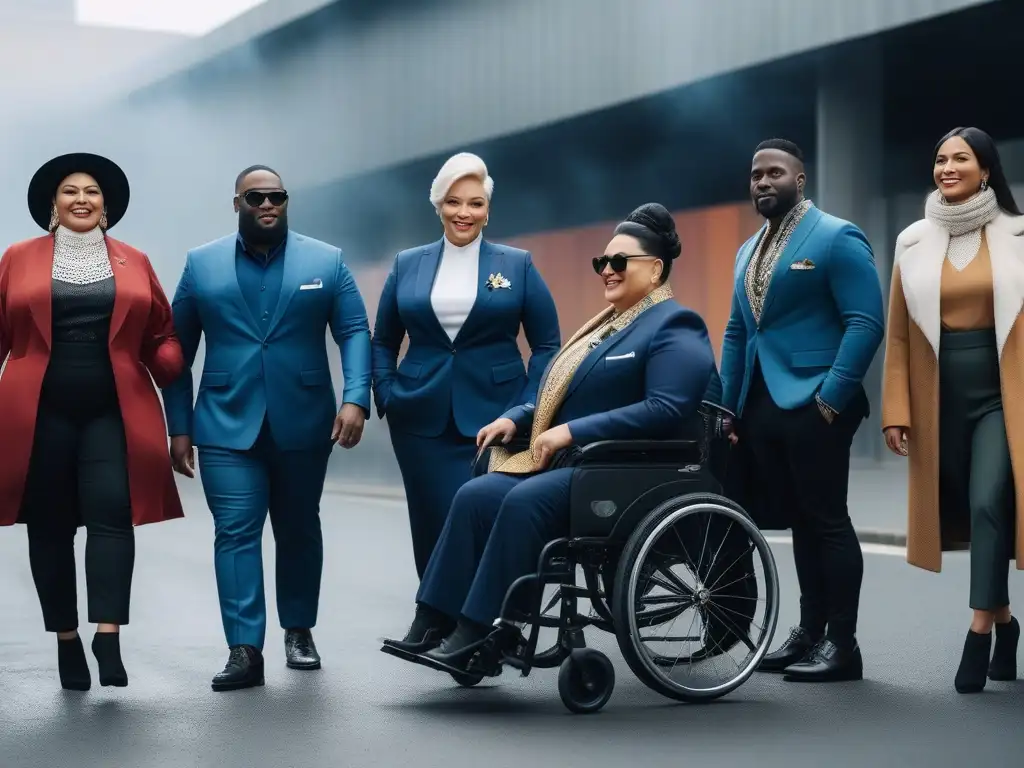 Moda inclusiva: diversidad y estilo en adaptaciones de ropa Un grupo diverso de personas con discapacidades muestra confianza y estilo con diseños de ropa adaptable en un entorno urbano moderno