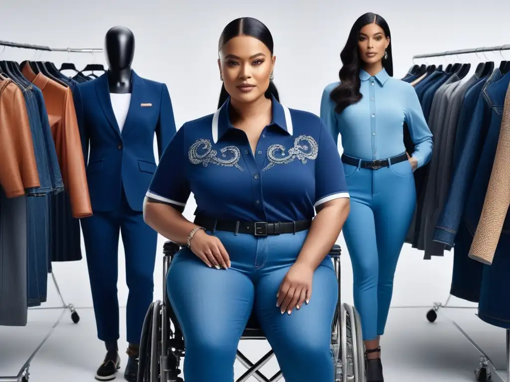 Moda adaptativa: diversidad y estilo en boutique inclusiva Un grupo diverso de personas con discapacidades modela ropa adaptativa en una tienda inclusiva y moderna