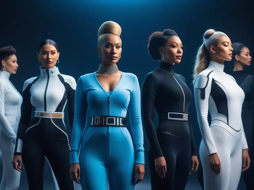 Moda personalizada inclusiva en un futuro tecnológico Un grupo diverso de personas de diferentes edades, géneros y etnias vistiendo prendas a medida modernas y elegantes, rodeados de tecnología futurista