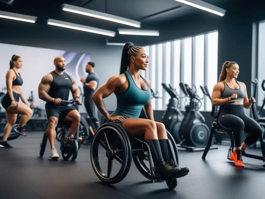 Revolutionary Fitness: Entrenamiento inclusivo para todos Un grupo diverso de personas sonríe mientras hacen ejercicio juntas en un estudio de fitness inclusivo y vibrante