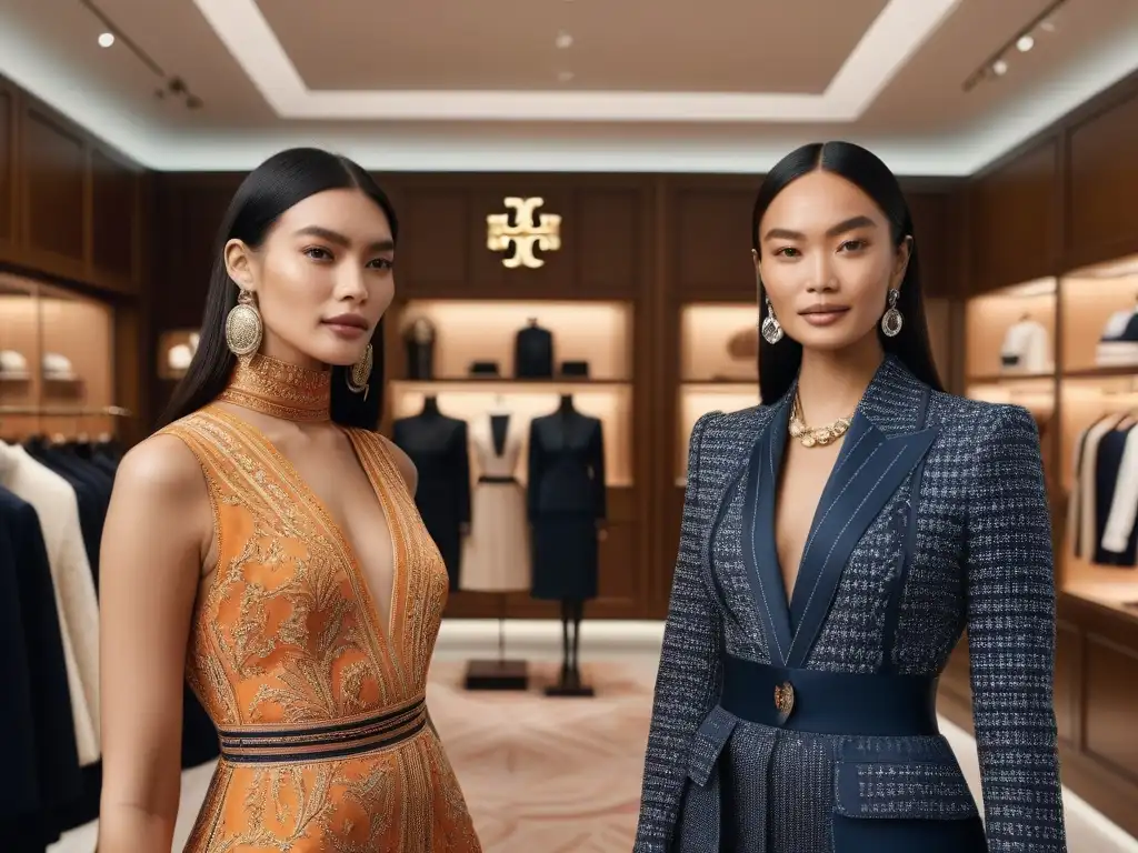 Diversidad y estilo en boutique de Tory Burch Un grupo diverso de personas elegantes interactúan alegremente en una boutique chic, capturando el diseño de lujo inclusivo de Tory Burch