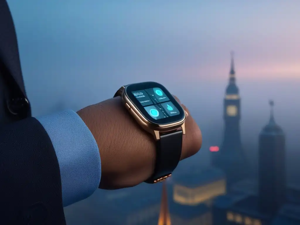 Smartwatches premium: estilo diverso en entorno futurista Un grupo diverso de personas elegantes muestra smartwatches premium exclusivos en un entorno urbano futurista
