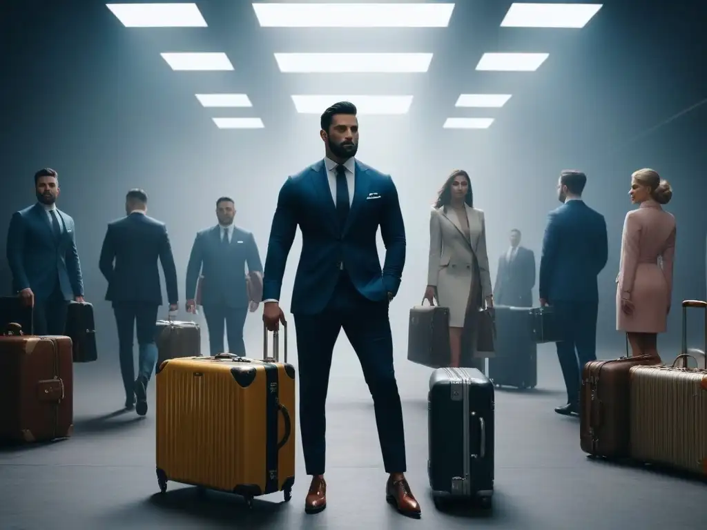 Exclusiva colección de maletas de lujo para todos los cuerpos Un grupo diverso de personas elegantes muestra maletas en un ambiente moderno y sofisticado
