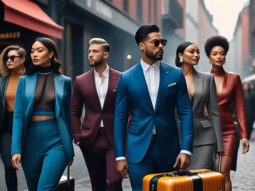 Grupo diverso con lujo inclusivo en la ciudad Un grupo diverso de personas elegantes y seguras caminan por la ciudad, llevando maletas de marcas de lujo en moda inclusiva