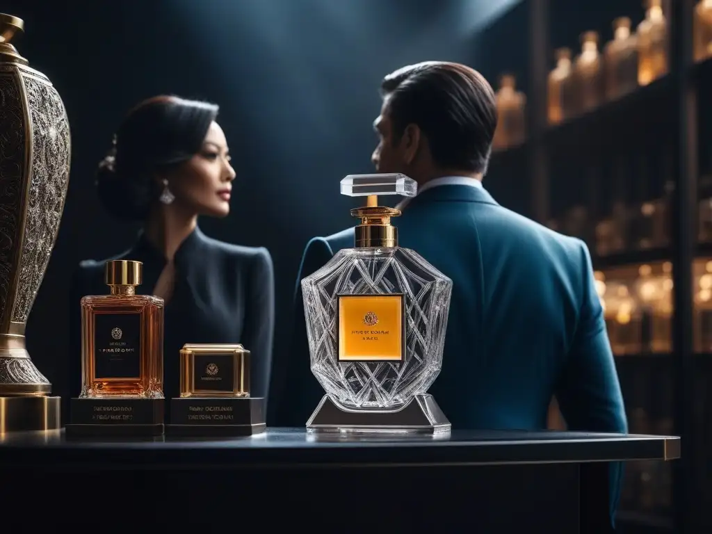Diversidad y lujo en boutique de perfumes Un grupo diverso de personas, elegantes y sofisticadas, sostienen perfumes en una lujosa boutique