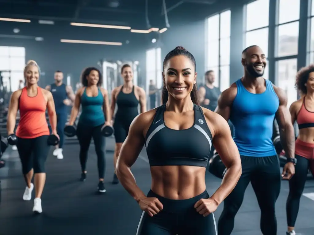 Grupo diverso celebra éxito en gym inclusivo Un grupo diverso de personas se felicitan tras un entrenamiento exitoso en un gimnasio inclusivo y moderno