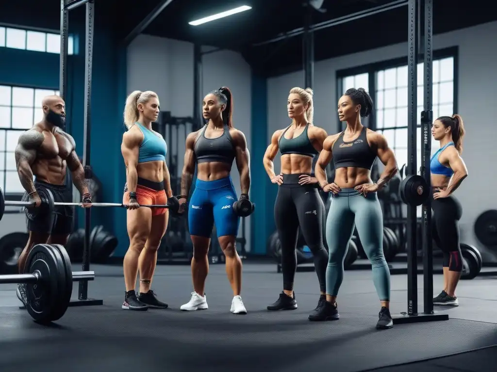 Grupo diverso de Crossfit: inclusión y empoderamiento Un grupo diverso de personas en equipo en un gimnasio moderno con equipamiento Crossfit variado para todos