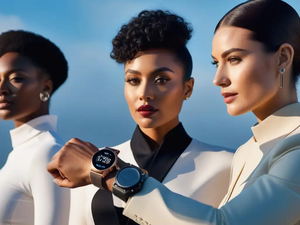 Moda tecnológica inclusiva: diversidad de estilos y personalidades Un grupo diverso de personas luce wearables con estilo en un entorno futurista, representando la moda inclusiva diversa